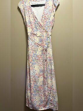 GAP White Floral Wrap Midi Dress with Red, Blue & Yellow Print
